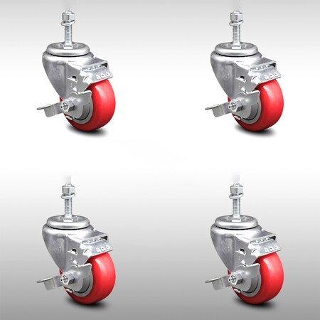 Service Caster 3 Inch SS Red Polyurethane Swivel 3/8 Inch Threaded Stem Caster Set Brake SCC SCC-SSTS20S314-PPUB-RED-TLB-381615-4